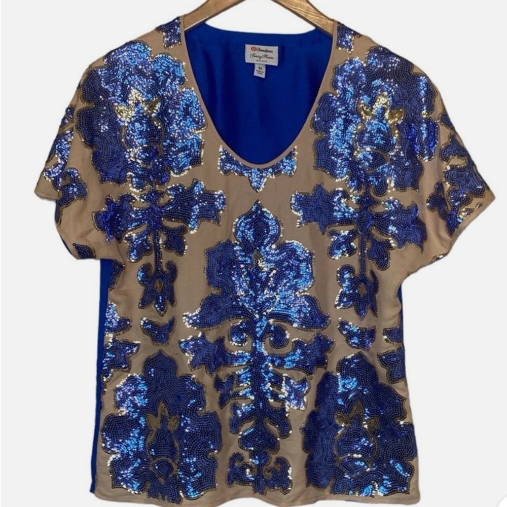Tracy Reese Beige and Blue Sequin Top sz L